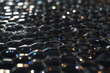 A high-tech, abstract 3D background featuring a seamless grid of metallic hexagons with shifting holographic reflections. The intricate play of light and shadow adds depth to the futuristic design, making it perfect for technology-related projects and modern digital themes.の素材