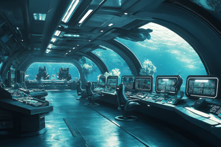 A grand underwater research facility 3D background room with sleek transparent walls revealing the deep ocean, massive computer consoles analyzing marine life data, and robotic submarines docked for exploration. The futuristic technology blends seamlessly with the natural aquatic environment.の素材