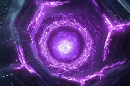 A deep-space sci-fi portal constructed from glowing hexagonal energy grids. The swirling interdimensional vortex in the center radiates purple and cyan light, creating an intense futuristic atmosphere reminiscent of advanced alien technology or space travel.の素材