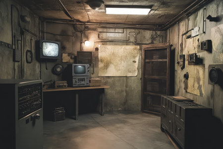 A post-apocalyptic survival bunker 3D background room with reinforced steel doors, dim emergency lighting, and scattered supplies like gas masks and ration boxes. The walls are lined with old maps, radio equipment, and security monitors, giving the space a desperate yet resilient feel.の素材