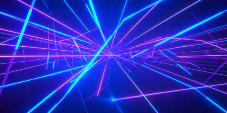 A cyber-inspired 3D background with an intricate web of neon blue laser beams forming an abstract digital grid. The glowing light interactions and dynamic perspective create a futuristic, sci-fi atmosphere.の素材