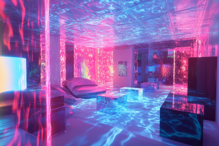 A surreal gravity-defying 3D background room where furniture floats weightlessly, walls shift colors based on movement, and glowing energy streams ripple through the air. The dreamlike, futuristic ambiance feels like a lucid dream brought to life.の素材