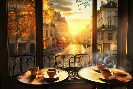 A charming Parisian cafÃÂ© 3D background with elegant wrought-iron tables, steaming cups of espresso, and a warm golden sunset casting soft shadows over cobblestone streets visible through an open window. The romantic ambiance is inviting and elegant.の素材