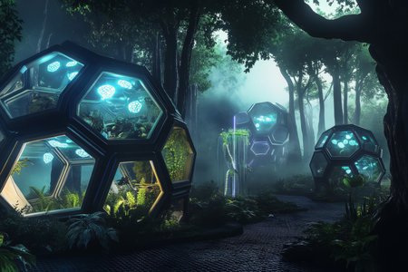 A cybernetic wildlife sanctuary where animals roam inside hexagonal biodomes simulating different planetary conditions. The AI-controlled habitats, glowing atmospheric adjustments, and futuristic ecological monitoring systems create a next-gen conservation project.の素材
