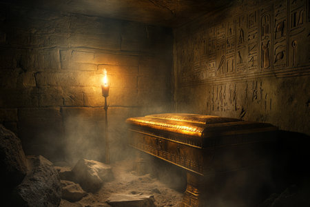 A mysterious Egyptian burial chamber 3D background room hidden beneath the desert, walls covered in intricate hieroglyphs, ancient golden sarcophagi resting in eerie silence, flickering torches illuminating dusty stone corridors, and a sacred ankh amulet glowing faintly.の素材