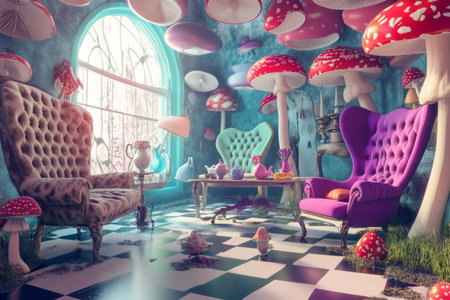 A whimsical Alice in Wonderland-inspired 3D background room with oversized furniture, floating teapots, and surreal checkerboard floors. Brightly colored mushrooms grow from the corners, adding a dreamlike quality to the scene.の素材