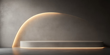A minimalist 3D background featuring a smooth, curved concrete wall with soft ambient lighting. The elegant simplicity and neutral tones make it perfect for modern branding, presentations, or product showcases.の素材