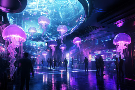 A neon-lit underwater nightclub 3D background room built within a transparent dome, featuring mesmerizing jellyfish floating outside, glowing dance floors shifting colors, deep bass music vibrating through the water, and stylish futuristic patrons enjoying the ambiance.の素材