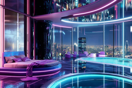 A luxurious sci-fi penthouse 3D background room located on a floating sky city, featuring glass walls with a breathtaking view of the neon skyline, AI-controlled smart furniture, and an infinity pool suspended over the edge of the building.の素材