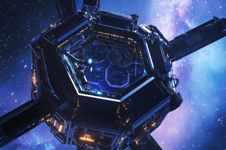 A deep-space observatory with massive hexagonal glass windows offering a breathtaking view of a distant galaxy. The futuristic research station is equipped with AI-driven star charts, real-time astronomical data analysis, and floating holographic displays.の素材