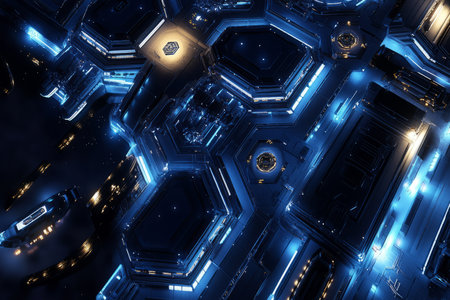 A massive space station featuring an intricate hexagonal docking system. The glowing landing pads, AI-guided spacecraft alignment, and futuristic aerospace engineering aesthetics create an immersive intergalactic travel hub.の素材