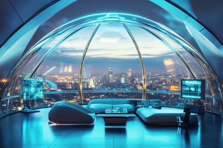 A futuristic glass dome 3D background room with a panoramic view of a cyberpunk city, filled with high-tech furniture and floating holographic displays. The ambient neon glow reflects off the sleek metallic surfaces, creating a stunning, immersive sci-fi atmosphere.の素材