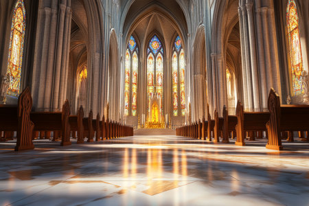 A grand cathedral hall 3D background room with towering stained-glass windows casting colorful light across the marble floor, towering wooden pews, and an awe-inspiring golden altar at the far end.の素材