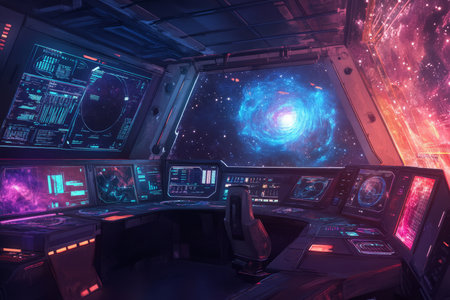 A next-gen space observatory with a massive hexagonal telescope scanning distant galaxies. The futuristic control center is filled with holographic star charts, AI-driven analysis systems, and glowing neon interfaces. The cosmic landscape outside is filled with swirling nebulae and distant planets.の素材