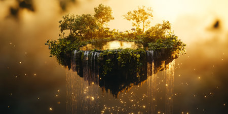 A surreal 3D background depicting a floating island with lush greenery, waterfalls cascading into the void below, and soft golden light illuminating the scene. The dreamlike setting evokes a fantasy-inspired ambiance.の素材