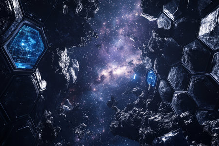 A deep-space themed 3D background with hexagonal panels appearing like modular spaceship walls. Some hexagons display holographic star charts, while others emit a soft, blue glow, creating an immersive intergalactic setting.の素材