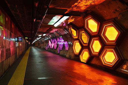 A cyberpunk-inspired subway station with walls made of illuminated hexagonal panels. The dimly lit underground atmosphere, enhanced by digital advertisements and flickering neon reflections, creates a gritty futuristic urban setting.の素材