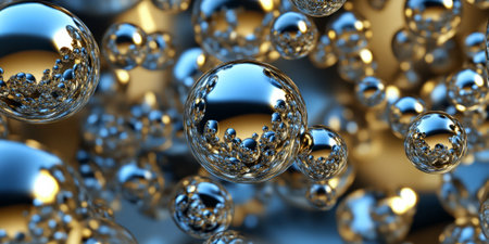 A mesmerizing 3D background featuring an array of floating metallic spheres arranged in a complex pattern. The reflective surfaces interact with a dynamic light source, casting shimmering highlights and soft shadows. The color scheme includes silver, gold, and deep blue.の素材