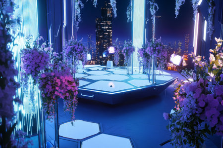 A futuristic wedding venue with floating hexagonal platforms overlooking a glowing cyber city. The digital floral arrangements, holographic guests, and AI-orchestrated ceremonies create a sci-fi romantic atmosphere.の素材