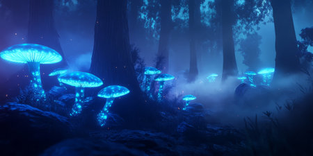 A dreamlike 3D background depicting a misty forest with glowing blue mushrooms illuminating the fog. The ethereal lighting and deep color contrasts create a magical and mysterious atmosphere.の素材