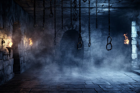 A dark and mysterious underground dungeon 3D background room with damp stone walls, heavy iron chains, and flickering torches casting eerie shadows. The air feels thick with secrecy, creating an intense medieval fantasy atmosphere.の素材