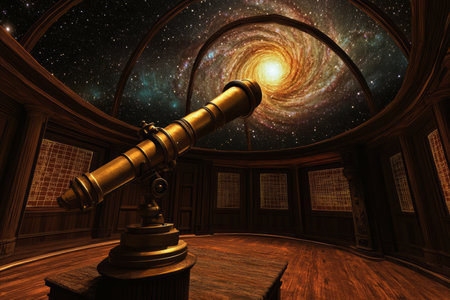 A grand celestial observatory 3D background room with an intricate brass telescope pointed at a swirling galaxy through a glass dome ceiling, and glowing star charts illuminating the dark wooden walls.の素材