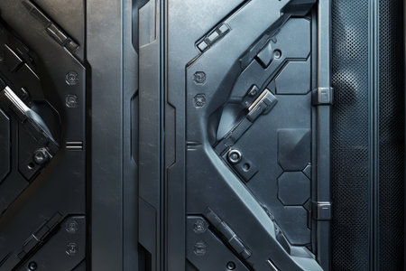 A metallic 3D background where overlapping hexagonal panels create a complex mechanical wall. The brushed steel textures and industrial lighting add a strong cyber-industrial feel, ideal for robotics, machinery, and futuristic mechanical themes.の素材