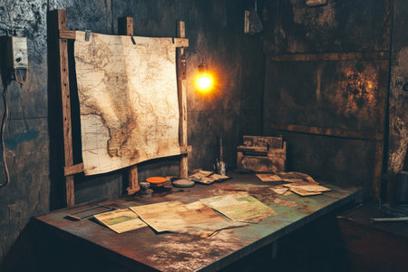A post-apocalyptic survival base 3D background room with makeshift wooden barricades, flickering emergency lights, and old maps scattered across a metal table. The dusty, worn-down aesthetic suggests years of struggle and resilience.の素材