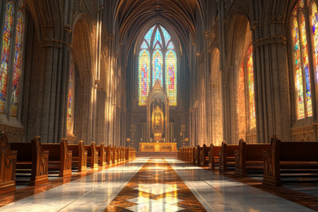 A grand cathedral hall 3D background room with towering stained-glass windows casting colorful light across the marble floor, towering wooden pews, and an awe-inspiring golden altar at the far end.の素材
