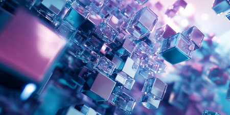 A high-tech 3D background featuring an intricate maze of interconnected glass cubes suspended in mid-air. Each cube refracts and reflects light, producing a mesmerizing interplay of blues and purples, creating a futuristic digital environment.の素材