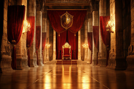 A grand medieval throne room 3D background with towering stone columns, rich red velvet drapes, and an ornate golden throne at the center. The dim candlelight flickers across polished marble floors, while banners of royal insignia hang from the vaulted ceiling, evoking a sense of power and nobility.の素材