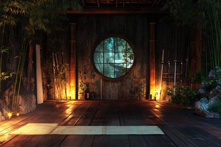 A hidden samurai dojo 3D background room deep within a tranquil bamboo forest, with wooden floors polished smooth by centuries of training, intricate katana swords displayed on the walls, soft candlelight flickering against parchment scrolls, and a sense of profound discipline.の素材