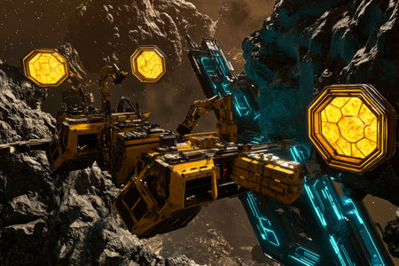 A deep-space mining station where robotic drills extract rare minerals from floating hexagonal asteroids. The glowing energy fields, high-tech excavation equipment, and AI-controlled extraction process create an advanced industrial space environment.の素材