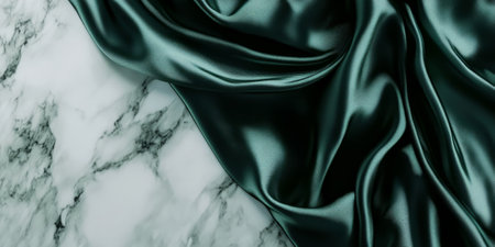 A luxury-inspired 3D background featuring deep emerald green silk fabric with soft folds, elegantly draped across a smooth marble surface. The rich textures and soft lighting enhance the sense of sophistication.の素材