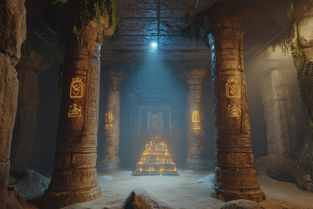 A massive underground ancient temple 3D background room hidden deep within a jungle, with stone pillars wrapped in thick vines, glowing mystical symbols pulsing on cracked walls, a central altar covered in golden relics, and a faint blue light revealing an entrance to deeper chambers.の素材