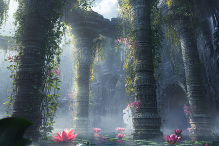 A mesmerizing floating garden temple 3D background room suspended in the sky, with ancient stone columns wrapped in hanging vines and glowing lotus ponds. Ethereal mist swirls around, adding a dreamlike quality to the sacred space.の素材