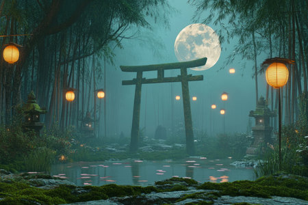 A mystical Japanese shrine 3D background room hidden deep within a bamboo forest, featuring ancient torii gates covered in moss, glowing paper lanterns floating in the air, and a tranquil koi pond reflecting the full moon.の素材