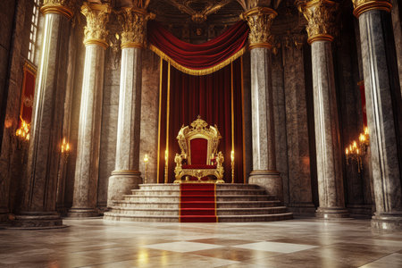 A grand medieval throne room 3D background with towering stone columns, rich red velvet drapes, and an ornate golden throne at the center. The dim candlelight flickers across polished marble floors, while banners of royal insignia hang from the vaulted ceiling, evoking a sense of power and nobility.の素材
