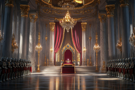 A majestic royal throne room 3D background with golden chandeliers, red velvet drapes cascading from the ceiling, a massive gemstone-encrusted throne at the center, and armored guards standing at attention beside towering marble pillars.の素材