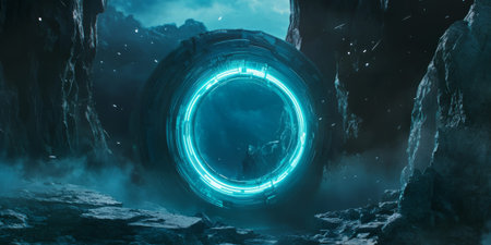 A sci-fi 3D background showcasing a circular energy portal radiating with glowing cyan light. The floating particles around the portal enhance the futuristic and mysterious vibe.の素材