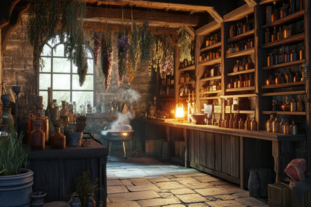 A rustic medieval apothecary 3D background room with aged wooden shelves filled with potion bottles, dried herbs hanging from the ceiling, a bubbling cauldron on a stone hearth, and a mysterious alchemist mixing ingredients under candlelight.の素材