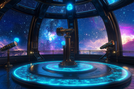 A grand celestial observatory 3D background room with a massive glass dome revealing the night sky, floating holographic constellations, and intricate brass telescopes positioned around the circular platform. The glowing blue floor emits a soft cosmic light, enhancing the futuristic atmosphere.の素材