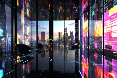 A cybernetic corporate headquarters 3D background room with sleek black floors reflecting neon data streams, AI-powered assistants managing complex global transactions, towering digital billboards displaying stock market trends, and a panoramic glass wall revealing a futuristic city skyline.の素材