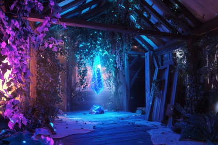 A mystical enchanted forest cabin 3D background room, where bioluminescent plants glow softly in the dim interior. Vines creep through wooden beams, and a magical crystal emits a soft blue aura in the center of the room.の素材
