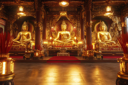 A luxurious golden temple 3D background room with massive golden statues of divine figures, sacred incense burning in intricately carved holders, red silk tapestries swaying gently, a central prayer area surrounded by glowing lanterns, and a feeling of spiritual serenity.の素材