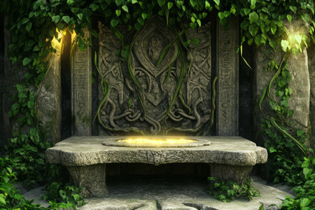 A hidden jungle temple 3D background room with overgrown vines creeping over ancient stone walls, glowing carvings hinting at lost civilizations, and a massive altar with an artifact radiating a mystical energy.の素材