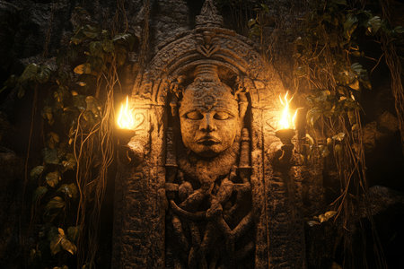 A mysterious lost temple 3D background room hidden deep in the jungle, covered in ancient vines and glowing moss. Flickering torches light the massive stone statues and intricate carvings that hint at forgotten civilizations and untold legends.の素材