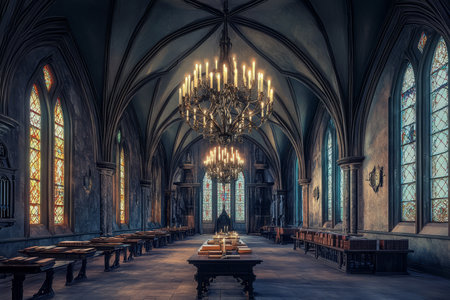 A majestic gothic castle hall 3D background room with high vaulted ceilings, intricate stained-glass windows casting eerie colored light, massive iron chandeliers dripping with candle wax, and long wooden tables covered in aged tomes and mysterious artifacts.の素材