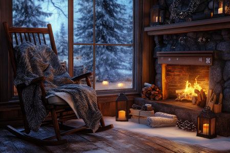 A cozy winter cabin 3D background room with a roaring fireplace, thick wool blankets draped over a wooden rocking chair, and snow gently falling outside a frosted window. The warm glow of lanterns and the scent of pine create an inviting atmosphere.の素材