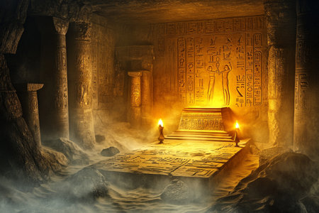 A mysterious Egyptian burial chamber 3D background room hidden beneath the desert, walls covered in intricate hieroglyphs, ancient golden sarcophagi resting in eerie silence, flickering torches illuminating dusty stone corridors, and a sacred ankh amulet glowing faintly.の素材